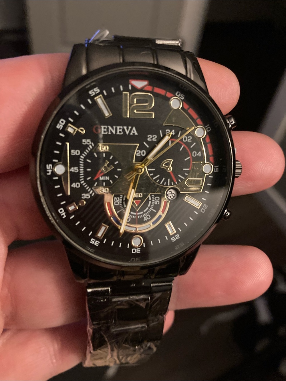 Geneva Black and Gold Men's Analog Sport Watch with Red Accents